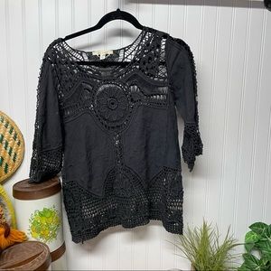 Mi Ami Black Crochet Boho Top Size Small